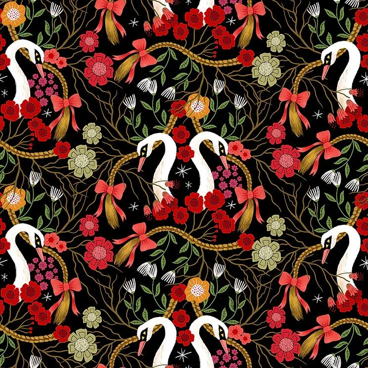 Swan floral surface pattern on dark background by illustrator Stephanie Hofmann