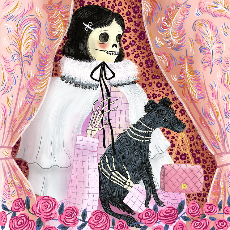 Folktale inspired fashion illustration featuring a skeleton girl by illustrator Stephanie Hofmann