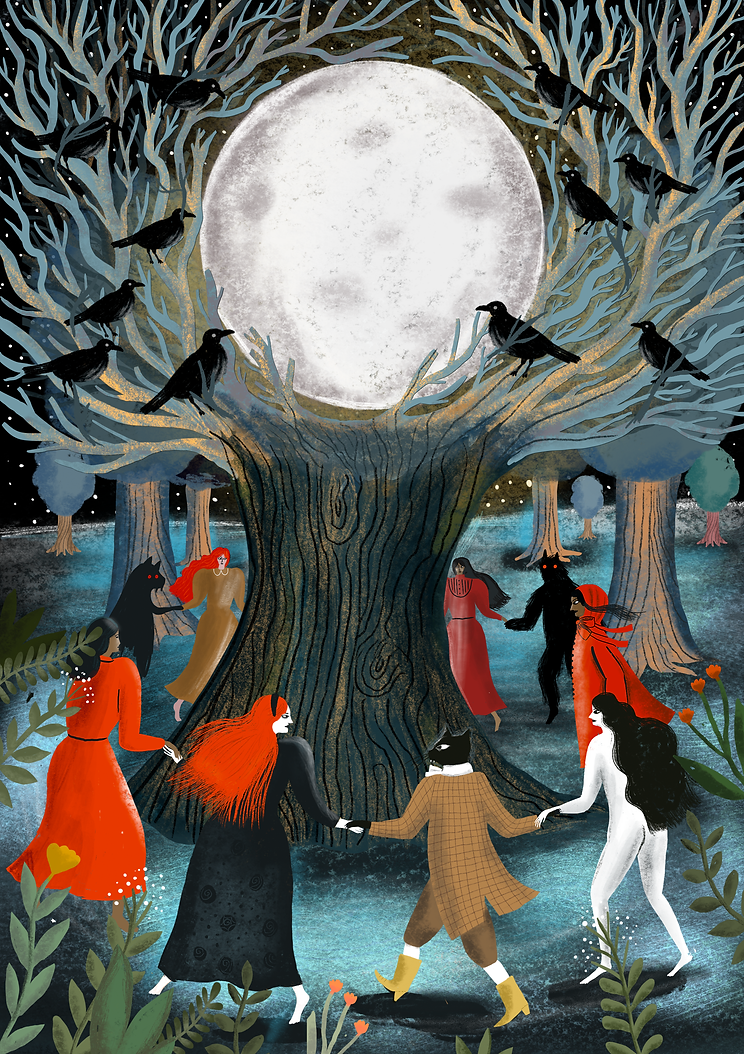 Folk illustration of dancing demons and witches under a moon in a tree by illustrator Stephanie Hofmann