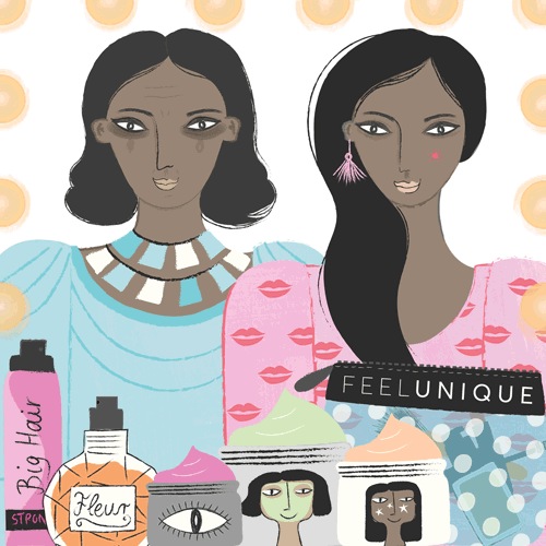 Cosmetics advertising animation of two women applying make up by motion designer and illustrator Stephanie Hofmann