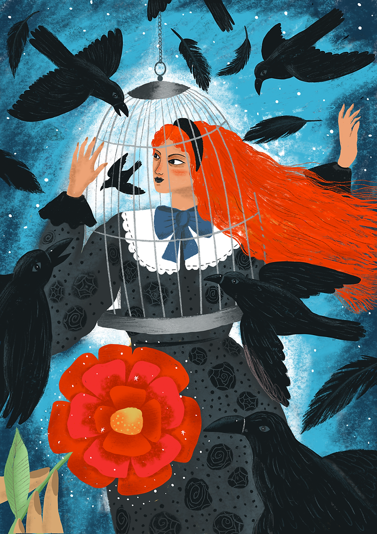 Folktale illustration a girl in a cage surrounded by black birds by book illustrator Stephanie Hofmann
