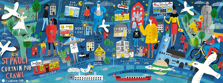Humorous illustrated map of Hamburg night spots and pubs by editorial illustrator Stephanie Hofmann