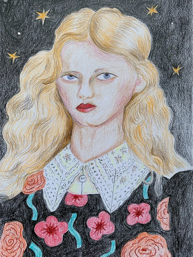 A fashion portrait illustration in coloured pencils by illustrator Stephanie Hofmann