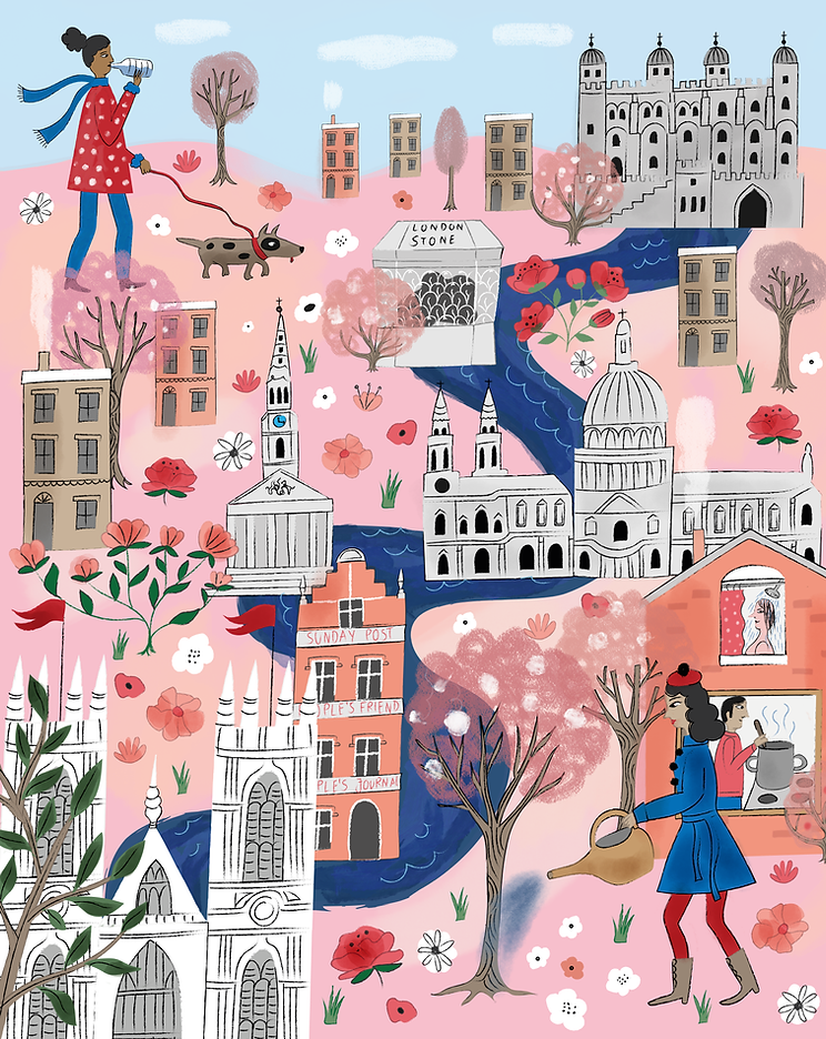 Illustrated map of London highlighting it's water ways by editorial illustrator Stephanie Hofmann