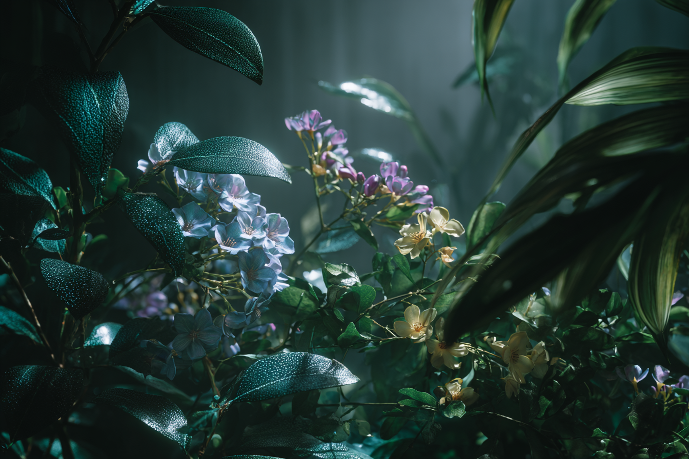 A lush garden scene with dark green leaves, some with white speckles, purple and yellow flowers, and shadows created by sunlight filtering through the foliage.