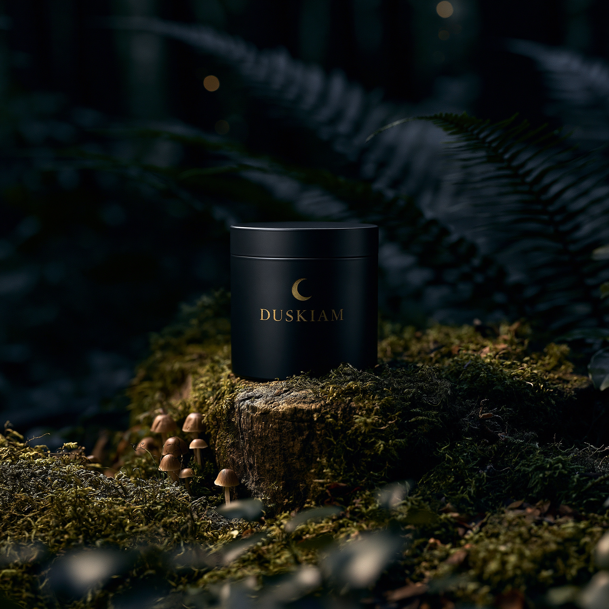 Black Duskiam candle on a mossy stump surrounded by tiny mushrooms and ferns