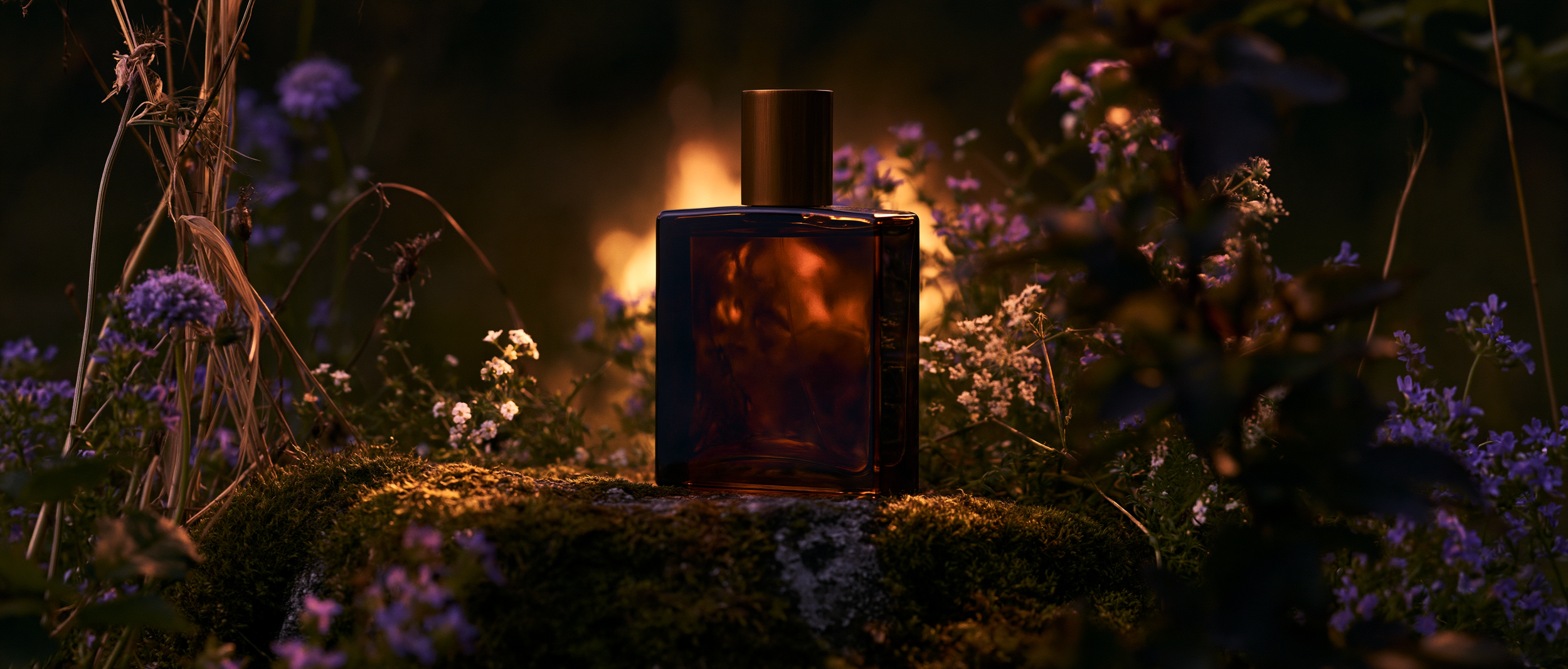 Perfume bottle glowing beside a warm flame among flowers