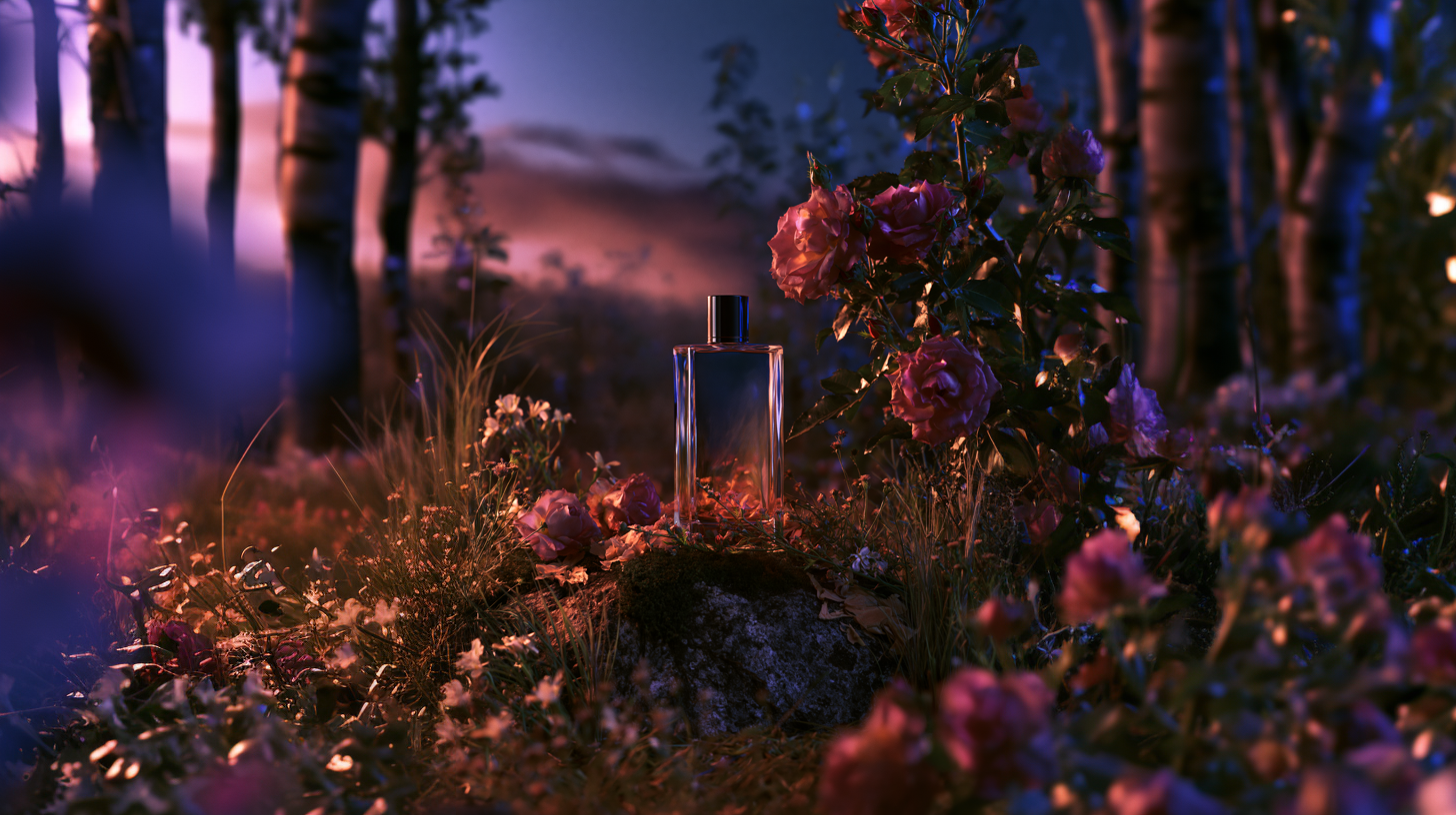 Duskiam perfume bottle among pink roses in a dusk forest