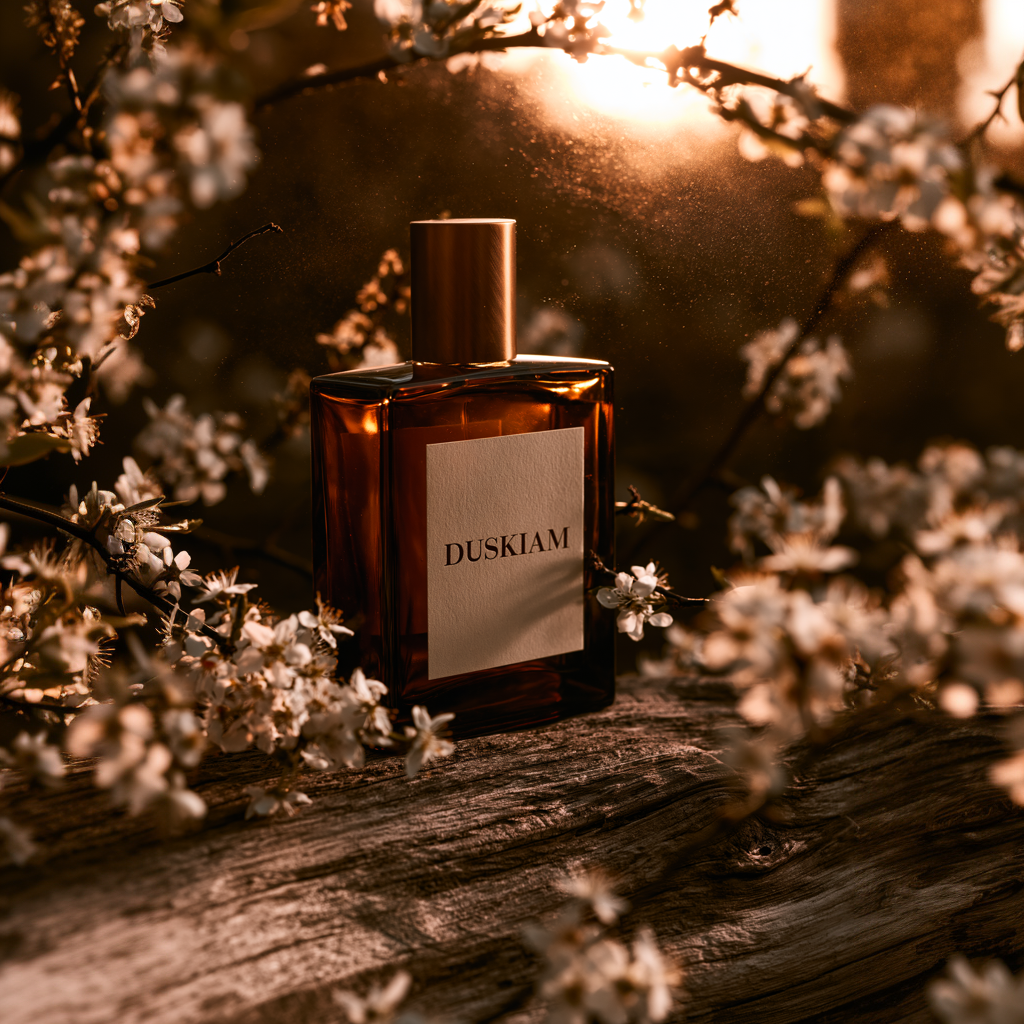 Amber Duskiam perfume bottle among white cherry blossoms in warm light
