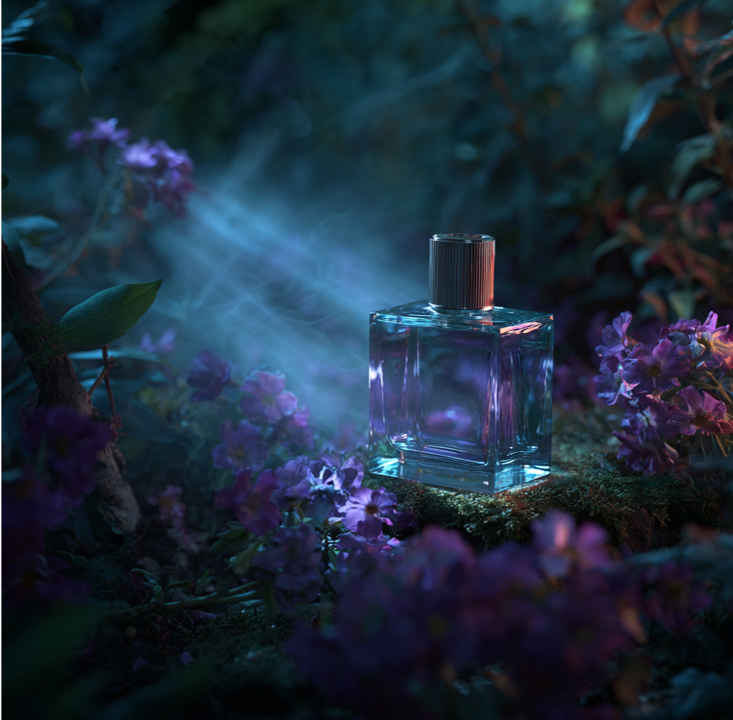 Cinematic Duskiam product shot — perfume bottle surrounded by moody blue smoke and purple florals at dusk