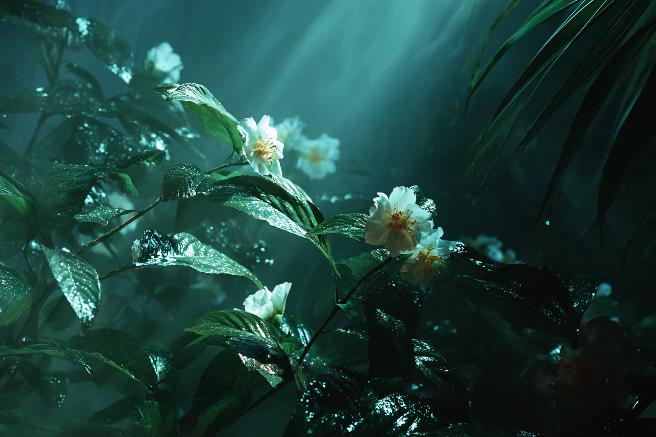 Flowering plant with white flowers and dark green leaves in a lush, misty environment.