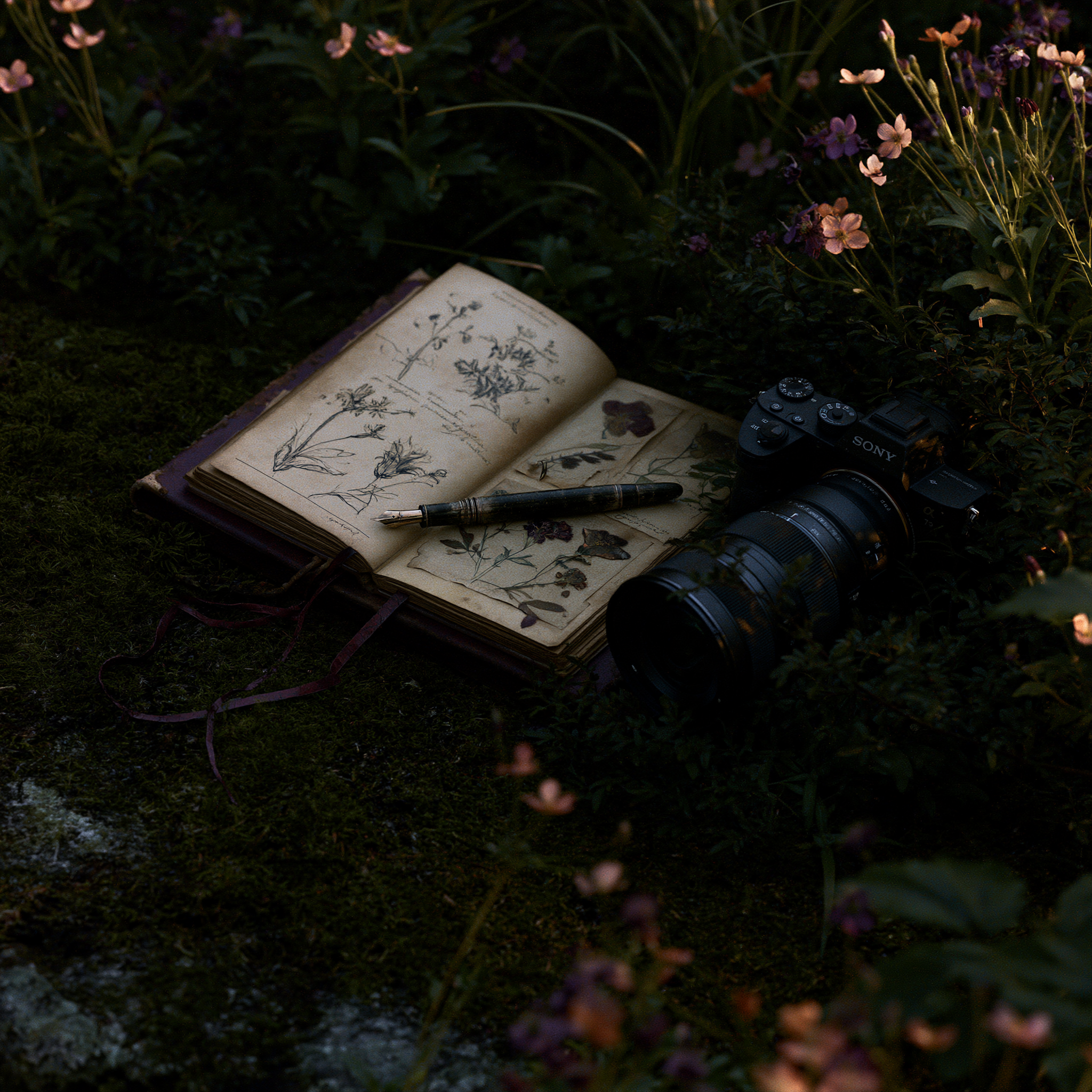 Open notebook and pen beside camera equipment