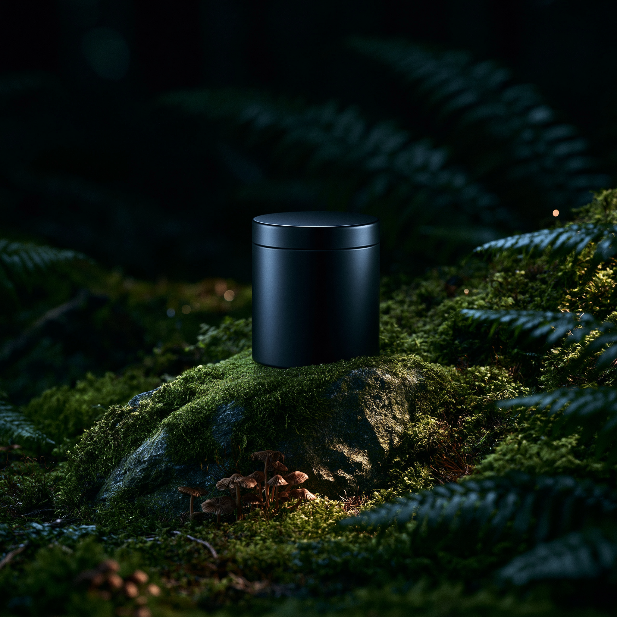 Black candle tin resting on moss among ferns