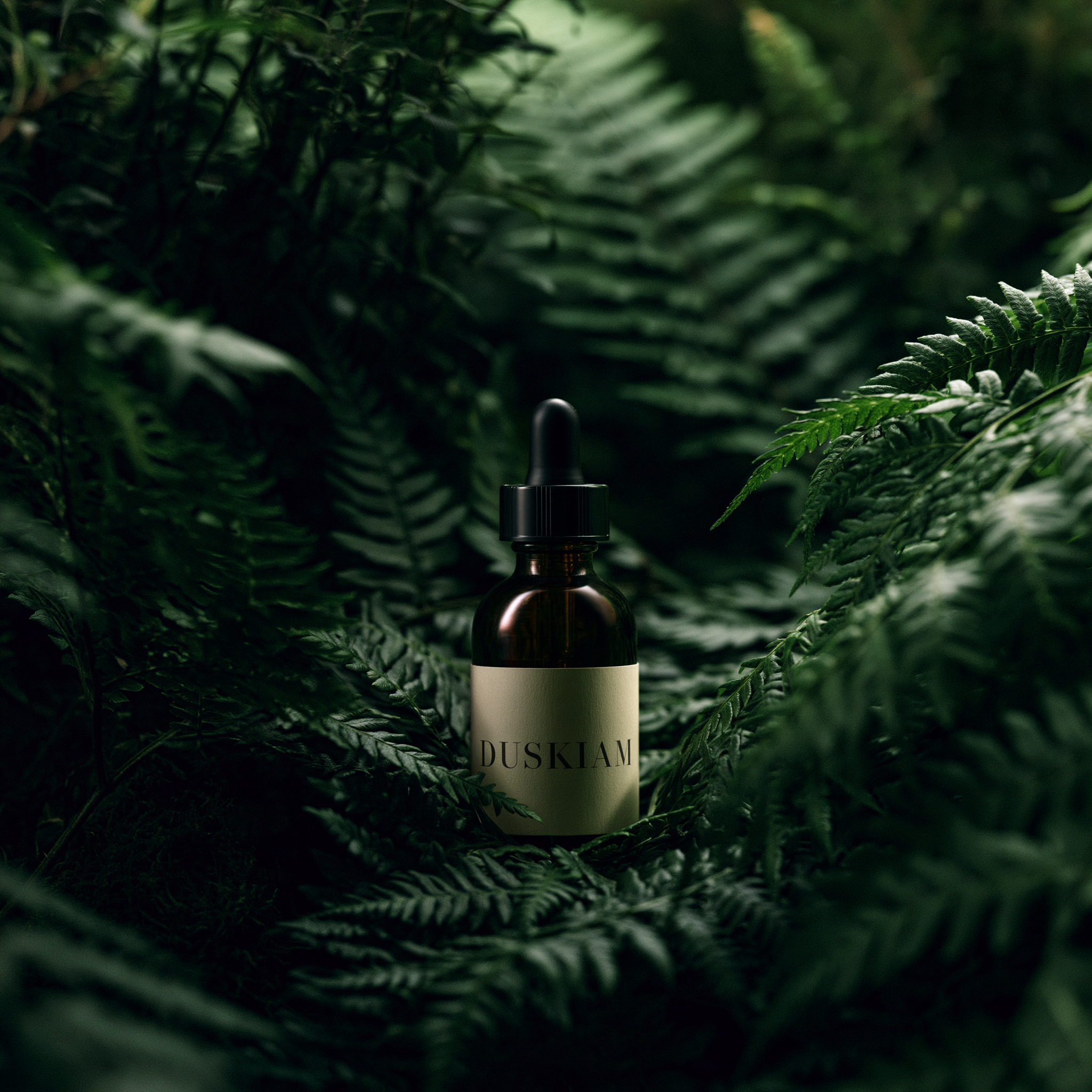 Duskiam serum dropper bottle nestled in green fern leaves