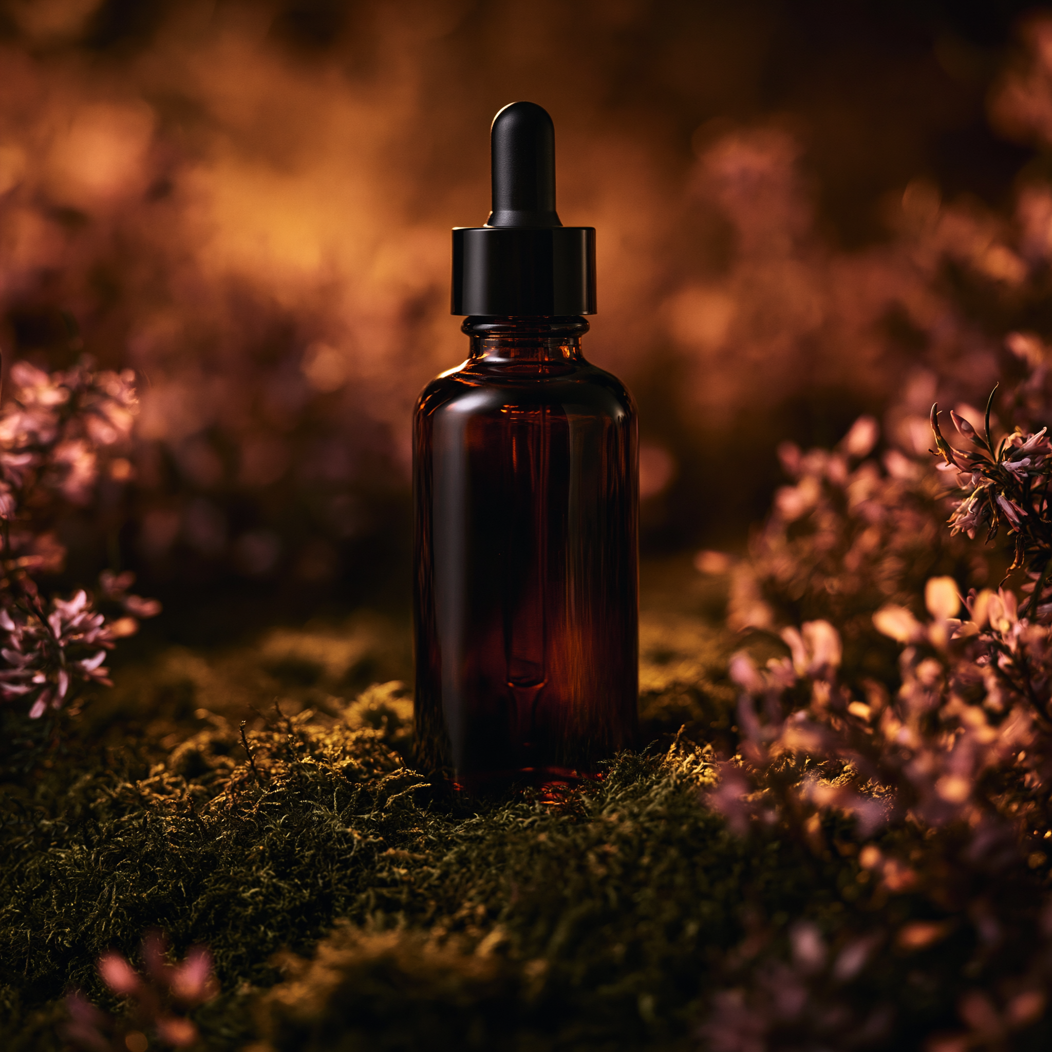 serum bottle among soft pink and orange blossoms