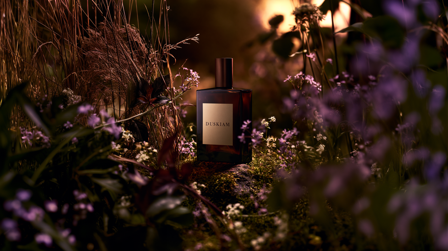 Duskiam perfume bottle nestled among wildflowers and grasses at dusk