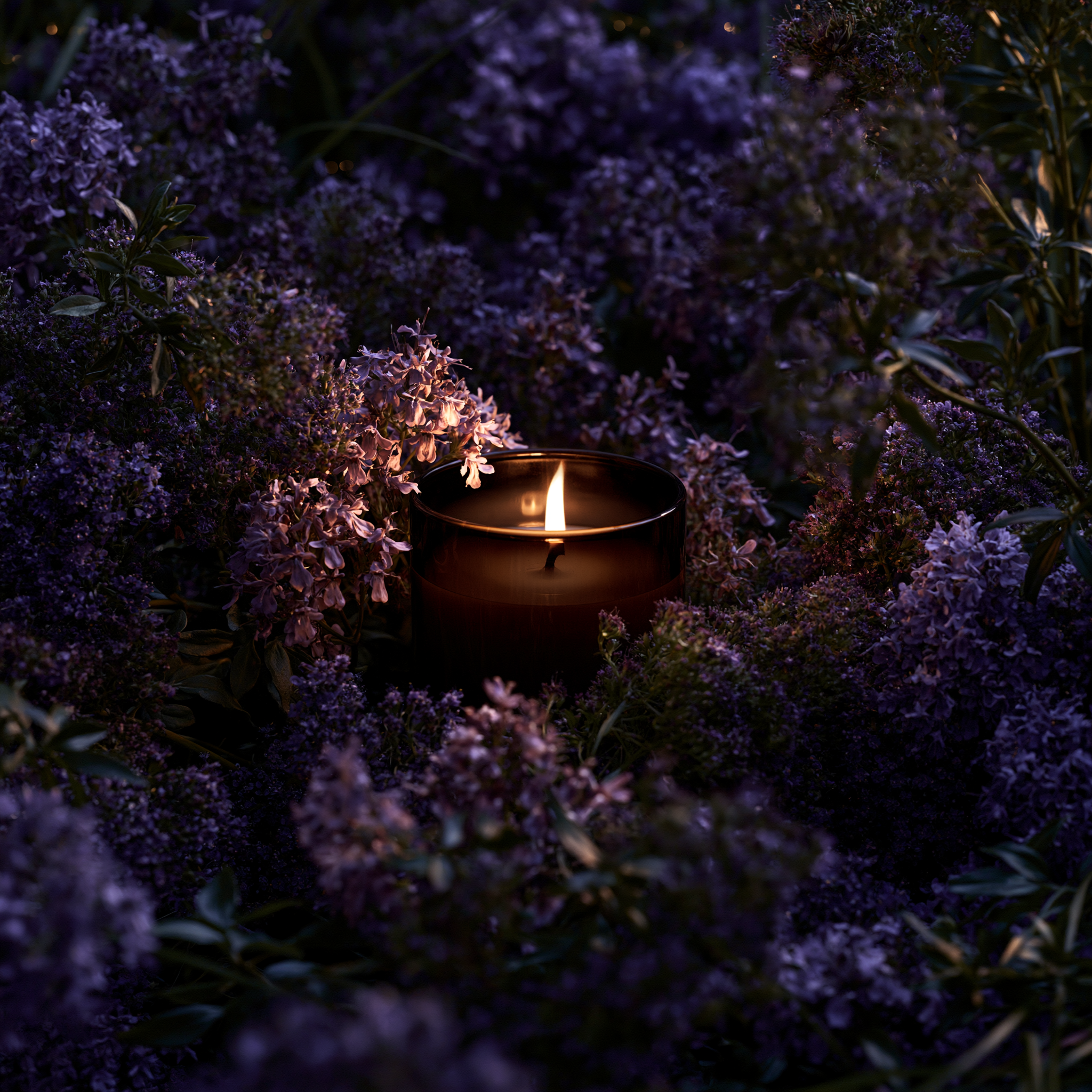 Lit candle glowing among purple lavender flowers at night
