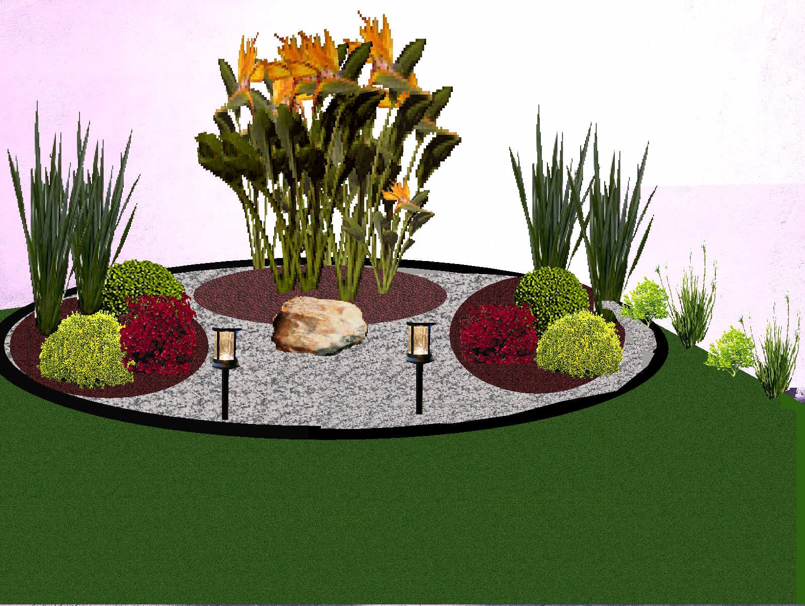 Diseño de jardín con plantas, rocas, grava blanca y pequeños faroles en un espacio redondo con césped alrededor.