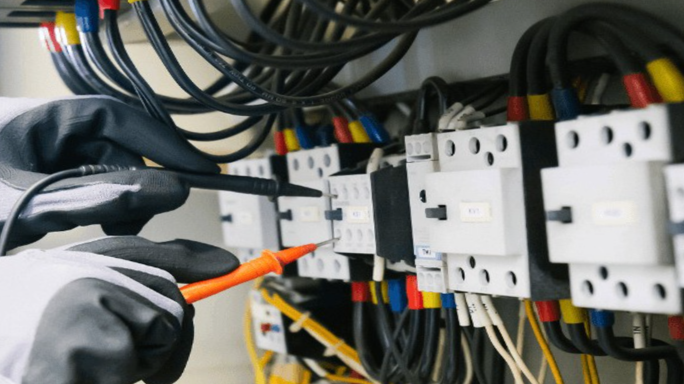Close-up of a person wearing gloves working with electrical wires and circuit breakers in an electrical panel.