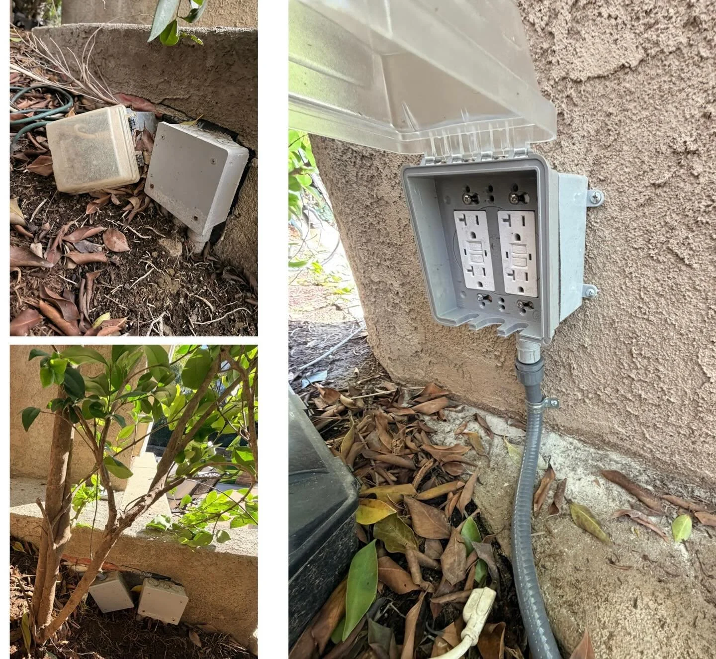 Original outdoor outlet was set too close to the ground and a little unsightly. 
Extend the circuit and move it to a less conspicuous space that&rsquo;s  easier to access and away from water.