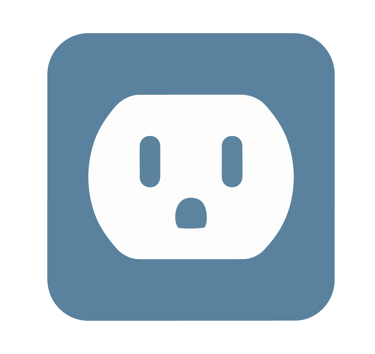 Icon of a white electrical power socket on a blue rounded square background.