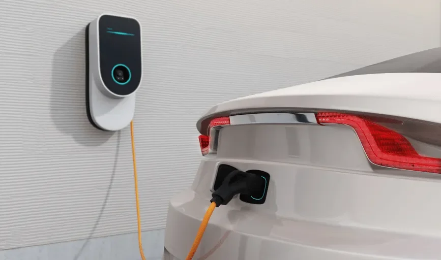 Close-up of an electric vehicle charging port on a white car connected to a wall-mounted charging station.