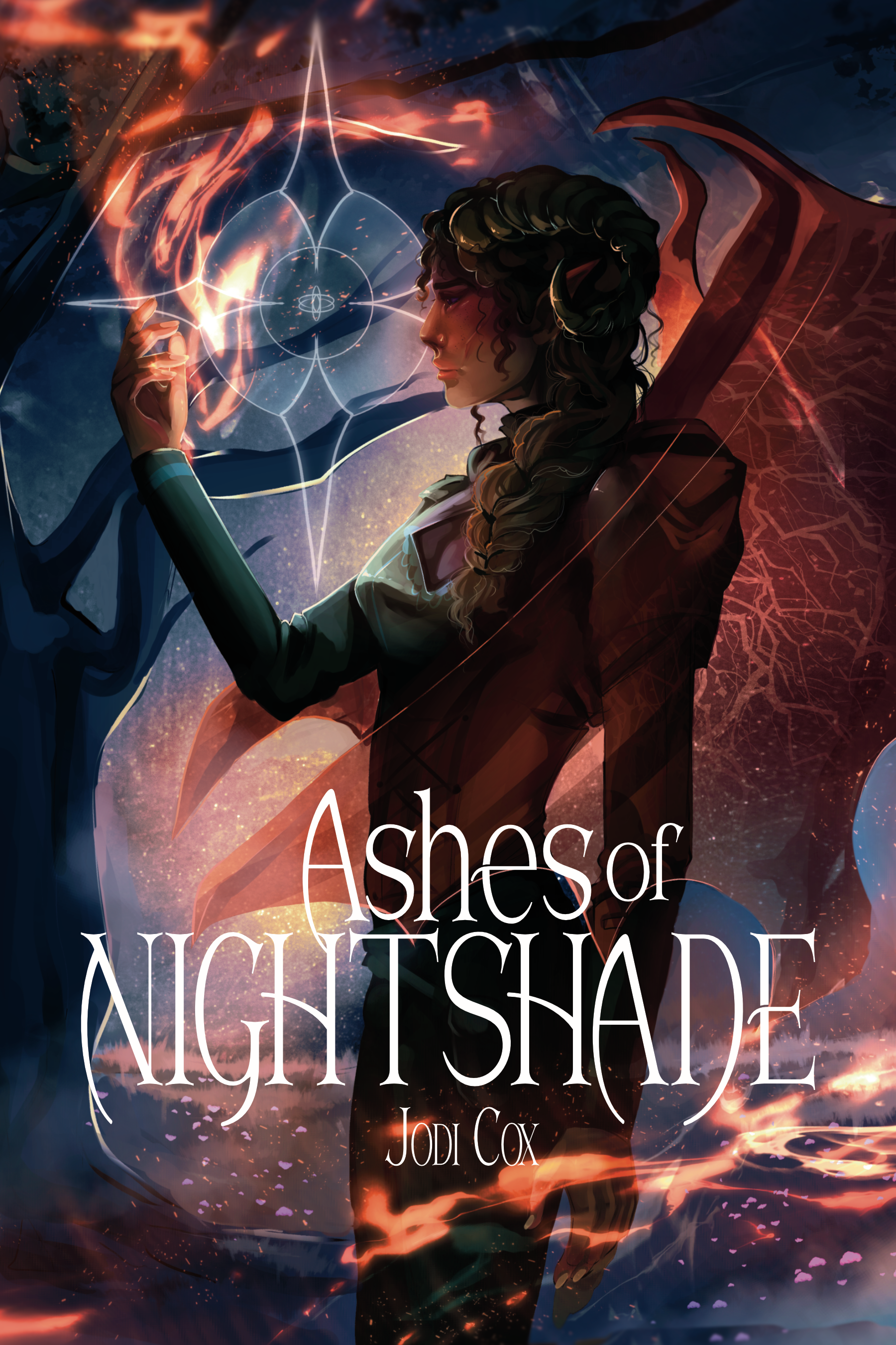 Book cover for Ashes of Nightshade by Jodi Cox featuring a fae woman with wings and horns wielding forbidden fire magic and standing next to a symbol for The Order, a secret society who calls her the daughter of the god of chaos