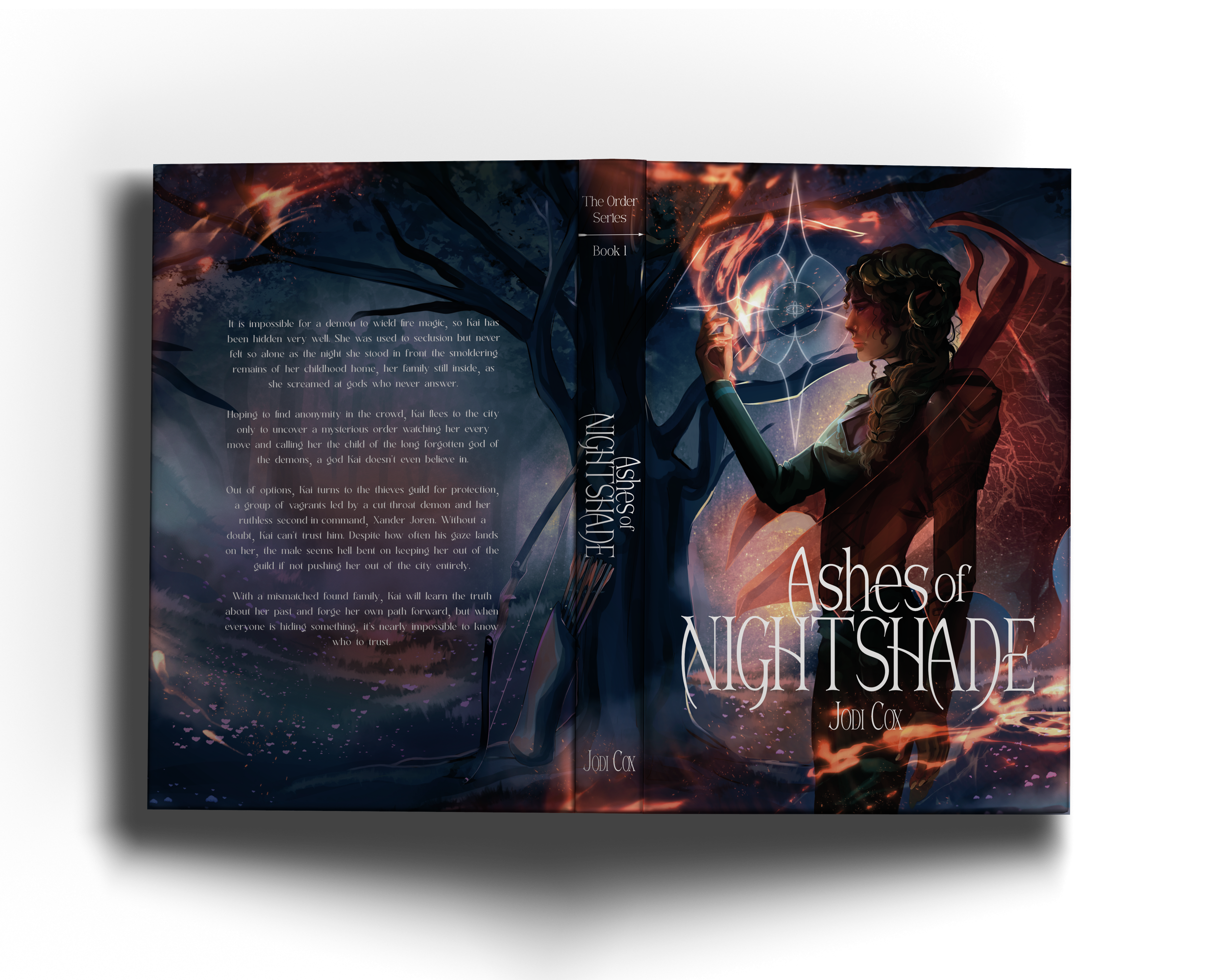 Book cover for 'Ashes of Nightshade' by Jodi Cox, featuring a fantasy illustration of a woman with curly hair wielding magic, set against a dark, mystical background with flames and cosmic elements.