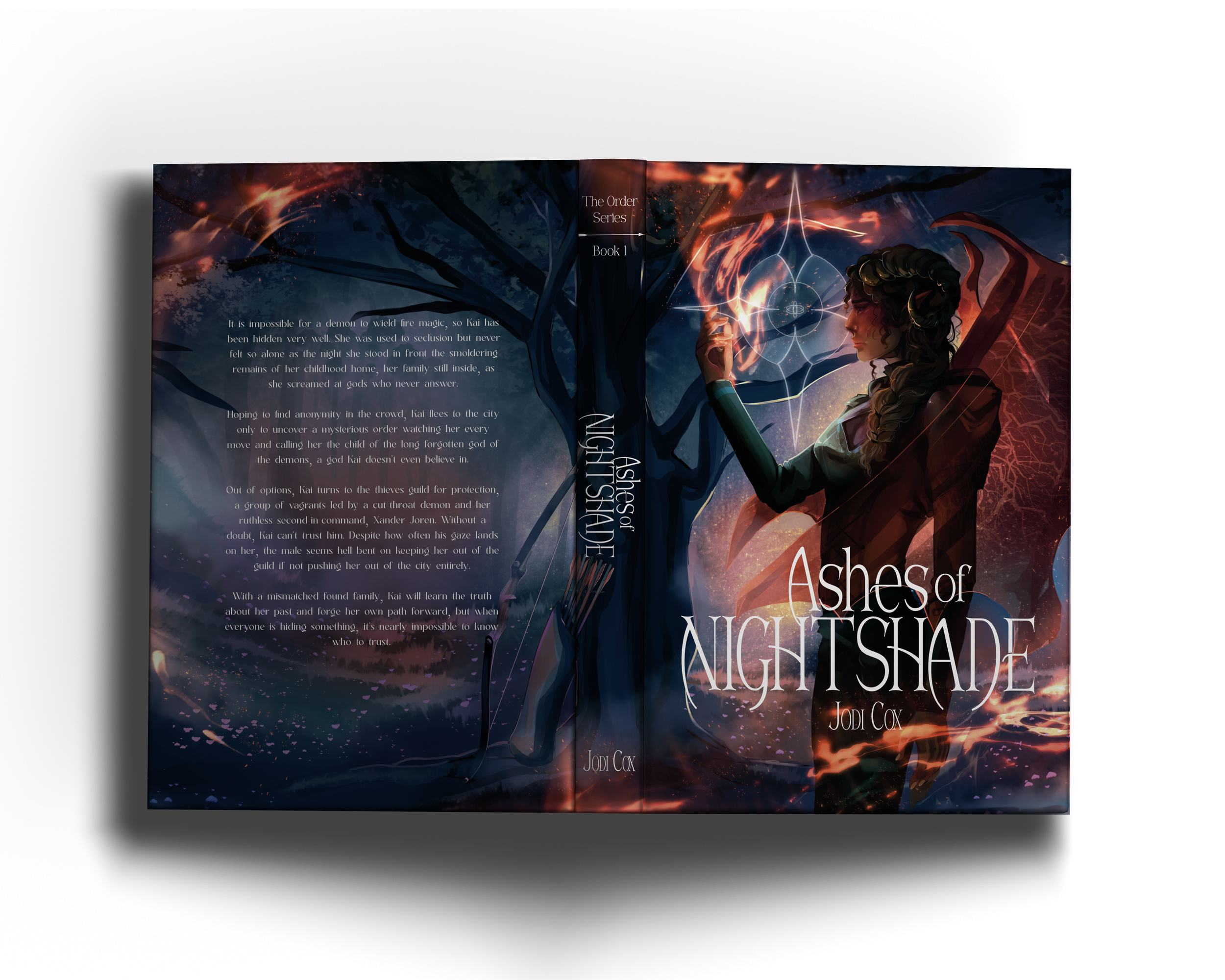 The front cover of a book titled "Ashes of Nightshade" by Jodi Cox. The cover art features a woman with curly hair, wearing armor and holding a glowing magical symbol, with a dark, mystical forest and fiery elements around her.
