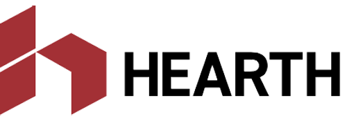 Hearth logo with three red geometric shapes and the word 'HEARTH' in black uppercase letters.