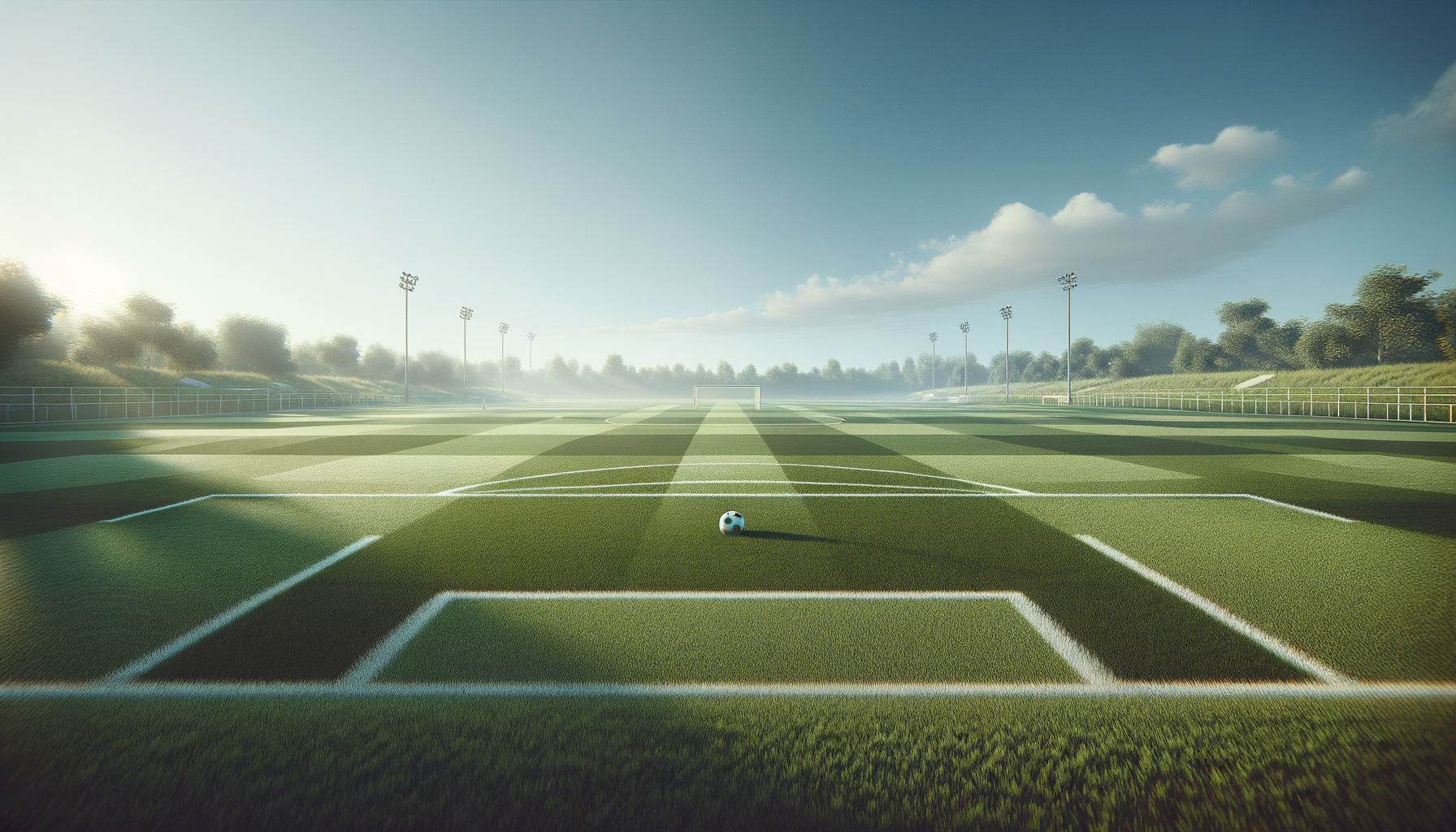 An empty soccer field with a soccer ball on the grass, surrounded by trees under a clear sky with some clouds, outdoor stadium lights, and a goal in the distance.
