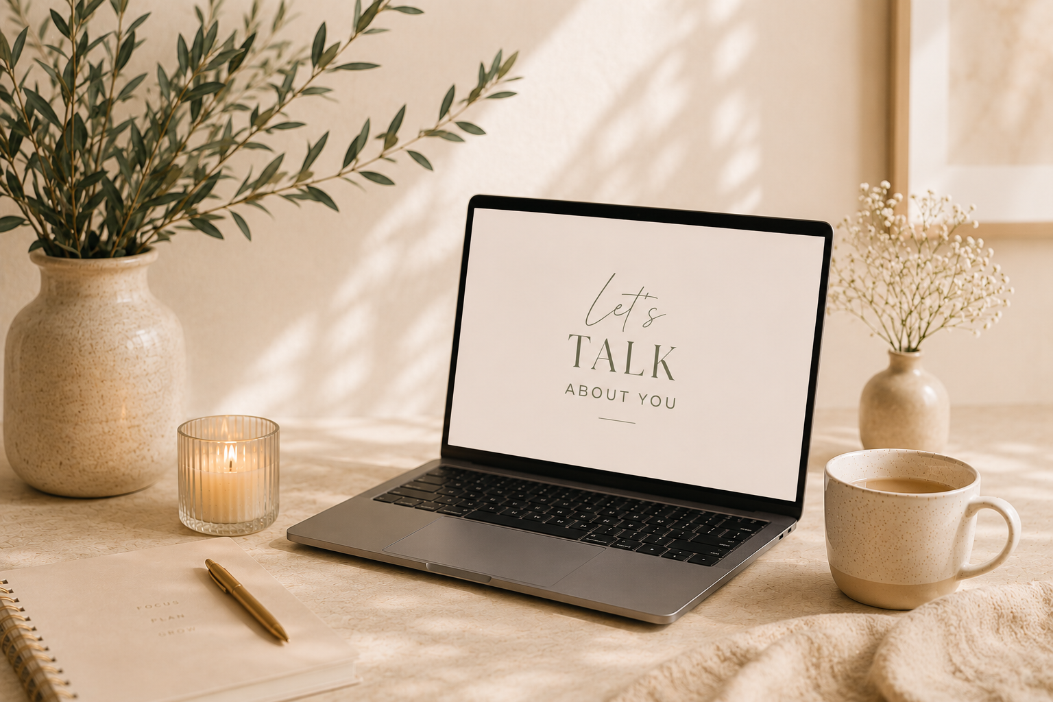 A workspace with a laptop displaying the message 'Let's talk about you,' a notebook with a pen, a lit candle, a large vase with greenery, a smaller vase with white flowers, and a coffee mug on a cozy blanket, all in a well-lit room with a warm, neutral color palette.