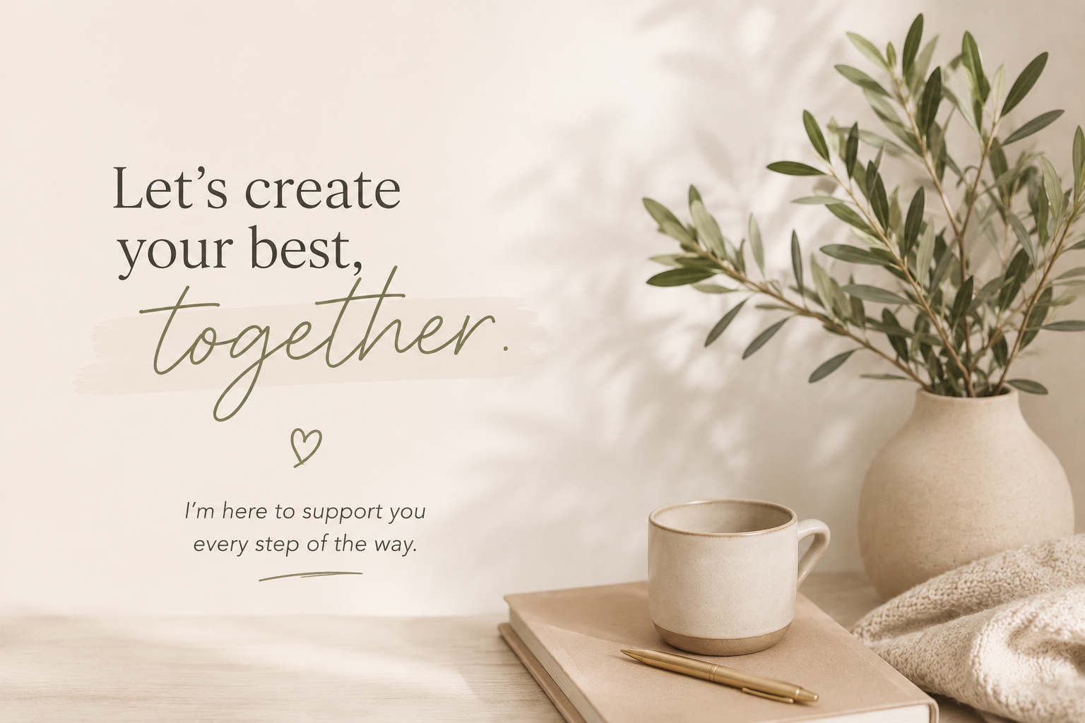 Decorative indoor scene with a potted green plant, a ceramic mug, a gold pen, and a cozy blanket on a wooden surface. A quote on the wall reads, 'Let's create your best, together.'