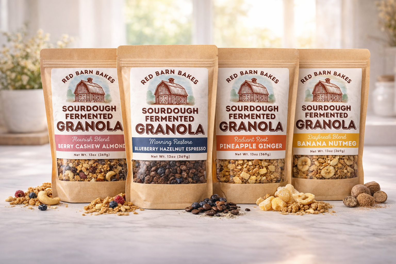 Four packets of Red Barn Bakes sourdough fermented granola with different flavors, placed on a white surface with some granola scattered around, and a soft-focus background with potted plants.
