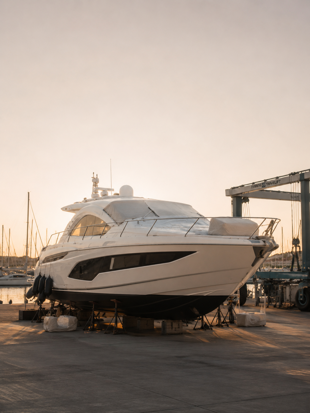 A white motor yacht on a dry dock with supports underneath, near a marina at sunset.