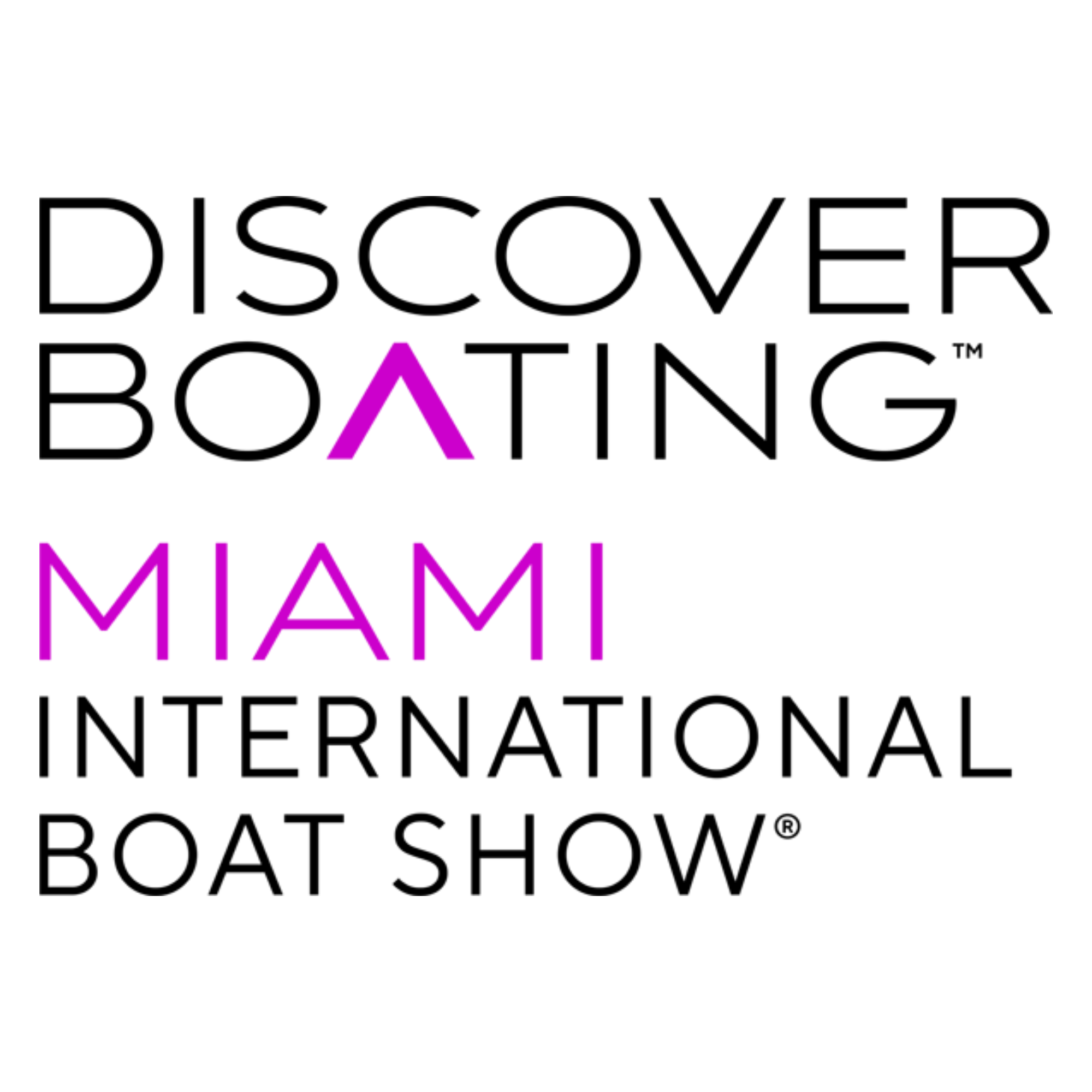 Logo for the Miami International Boat Show. The words 'Discover Boating' in black with a purple 'A' in the word 'Boating,' followed by 'Miami International Boat Show' in smaller black letters.