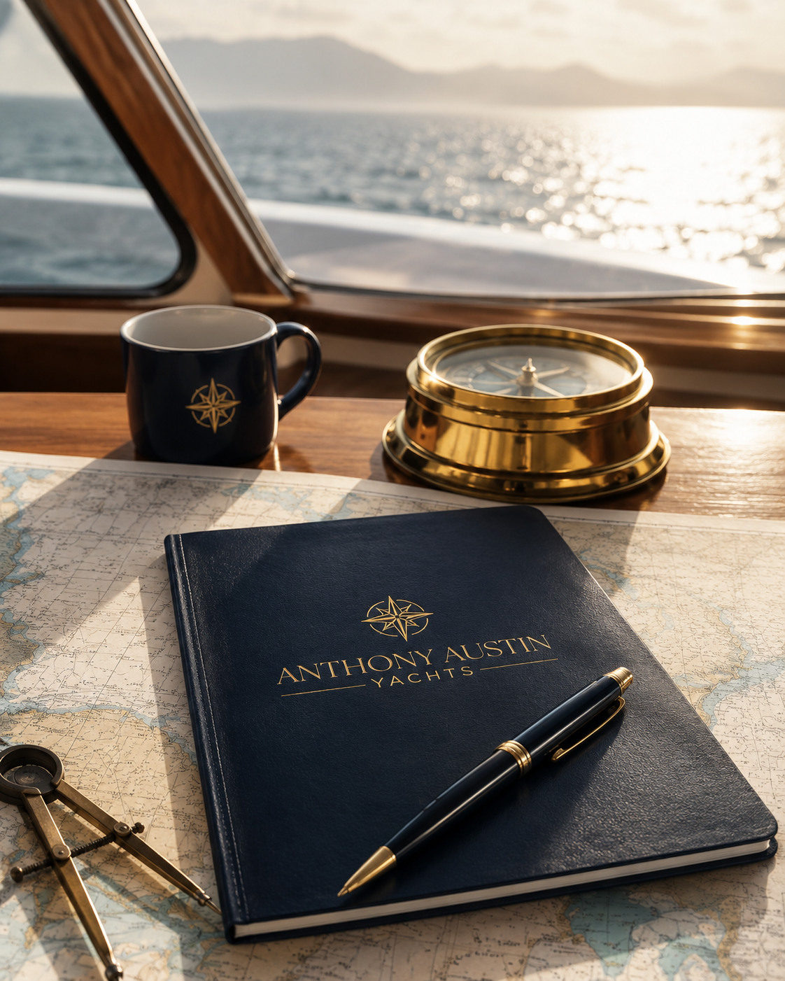 A nautical map with a navy-blue notebook, gold and black pen, compass, a coffee mug, and a gold-topped clock on a wooden surface. The view outside the window shows the sea and distant mountains at sunset.