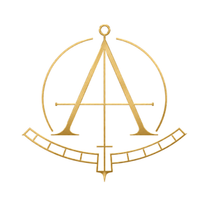 Gold emblem featuring a capital letter A with compass and measuring tools