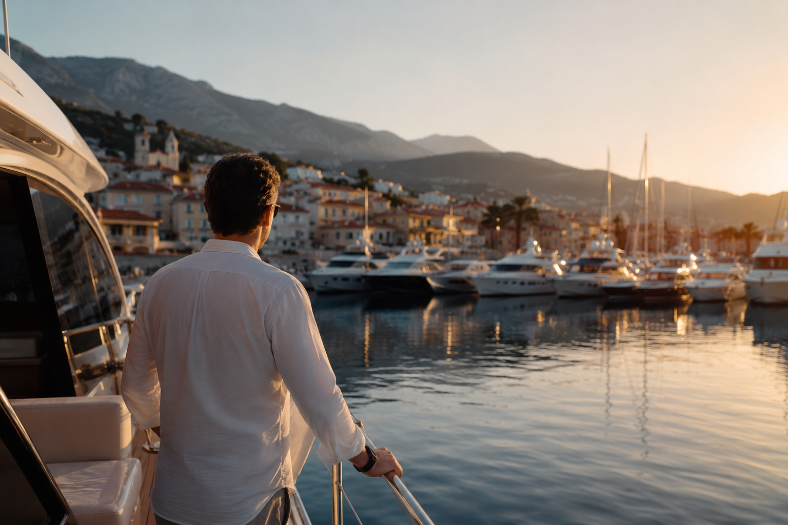 A man on a yacht overlooking a marina with sailboats and houses, mountains in the background at sunset.
