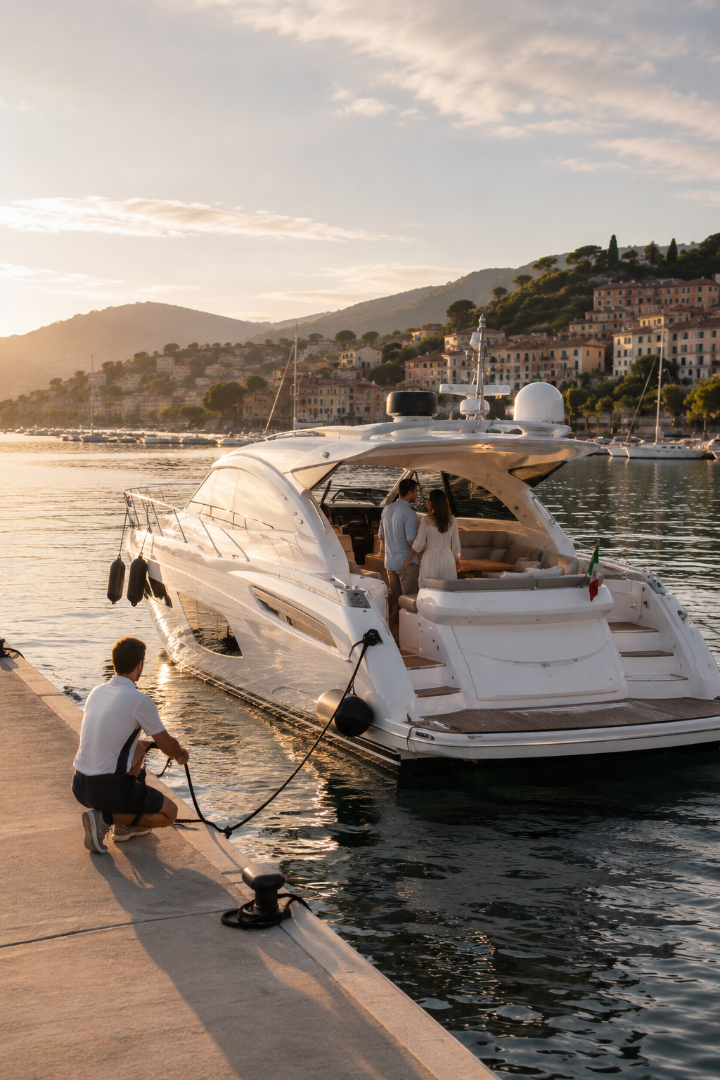 A man kneeling on the dock ties a yacht to the pier as the sun sets. Two people on the yacht's deck chat with each other, with a scenic hillside town in the background.