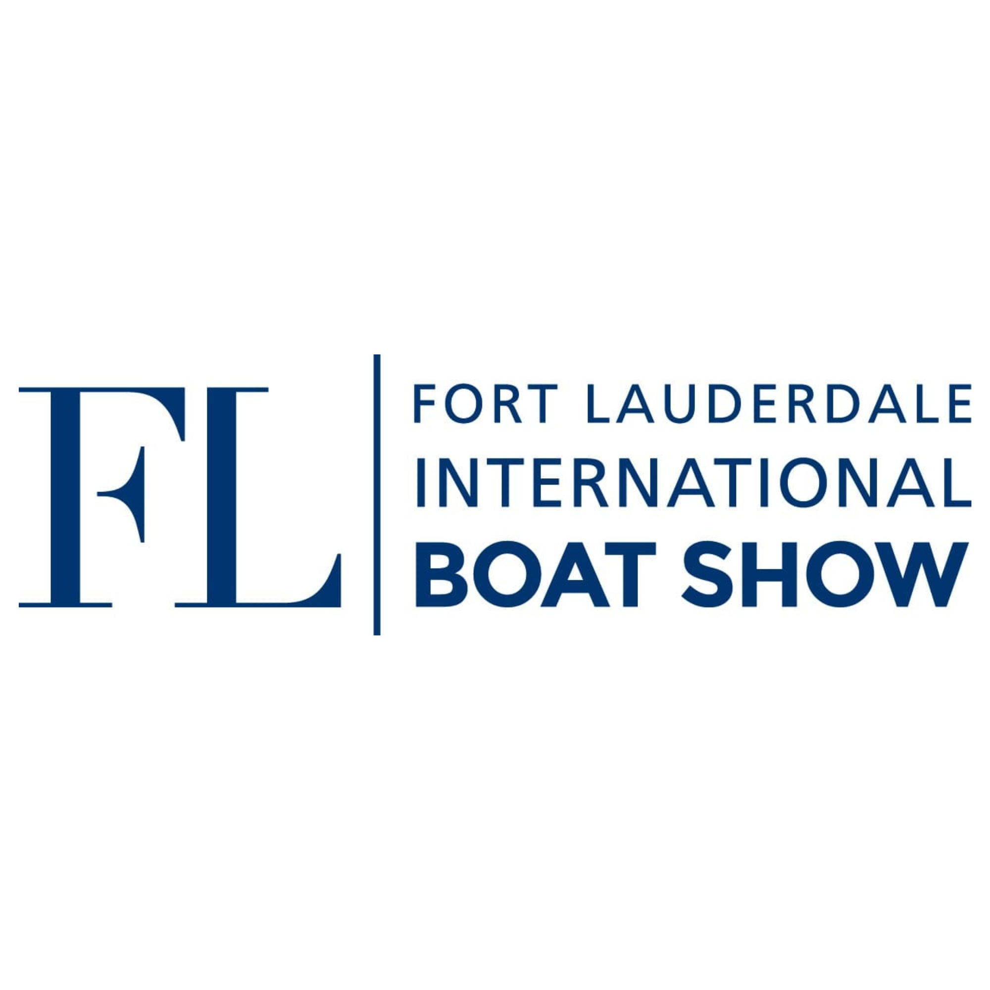 Logo for Fort Lauderdale International Boat Show featuring stylized boat outline and text in navy blue.