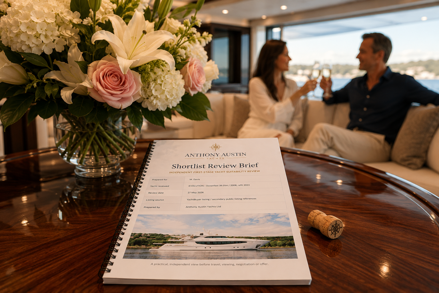 A bouquet of white lilies, pink roses, and white hydrangeas on a wooden table, with a yacht review brochure, a cork with a compass logo, and a couple toasting with champagne in the background on a boat with large windows showing a water view.