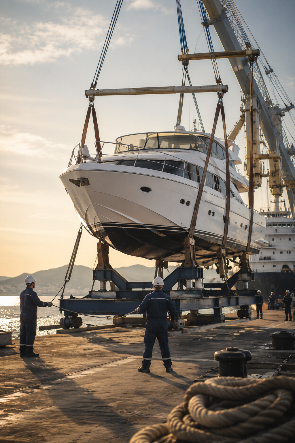 Marine workers guiding a large luxury yacht with a crane at a dock during sunset.