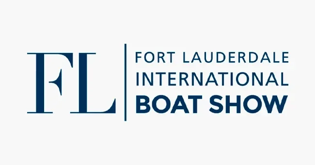 Logo for Fort Lauderdale International Boat Show with blue text on a white background.