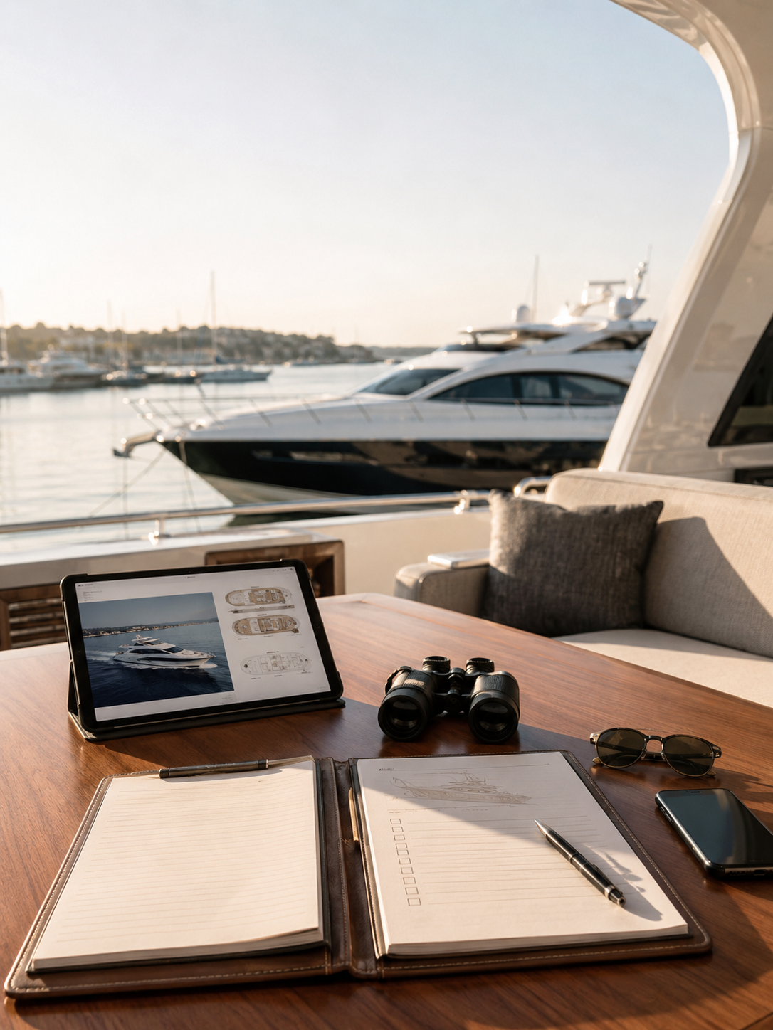 A yacht docked at a marina during sunset viewed through an open window, with a table outside holding a tablet, binoculars, a pair of sunglasses, a smartphone, a leather notebook with a pen, and an open planner.