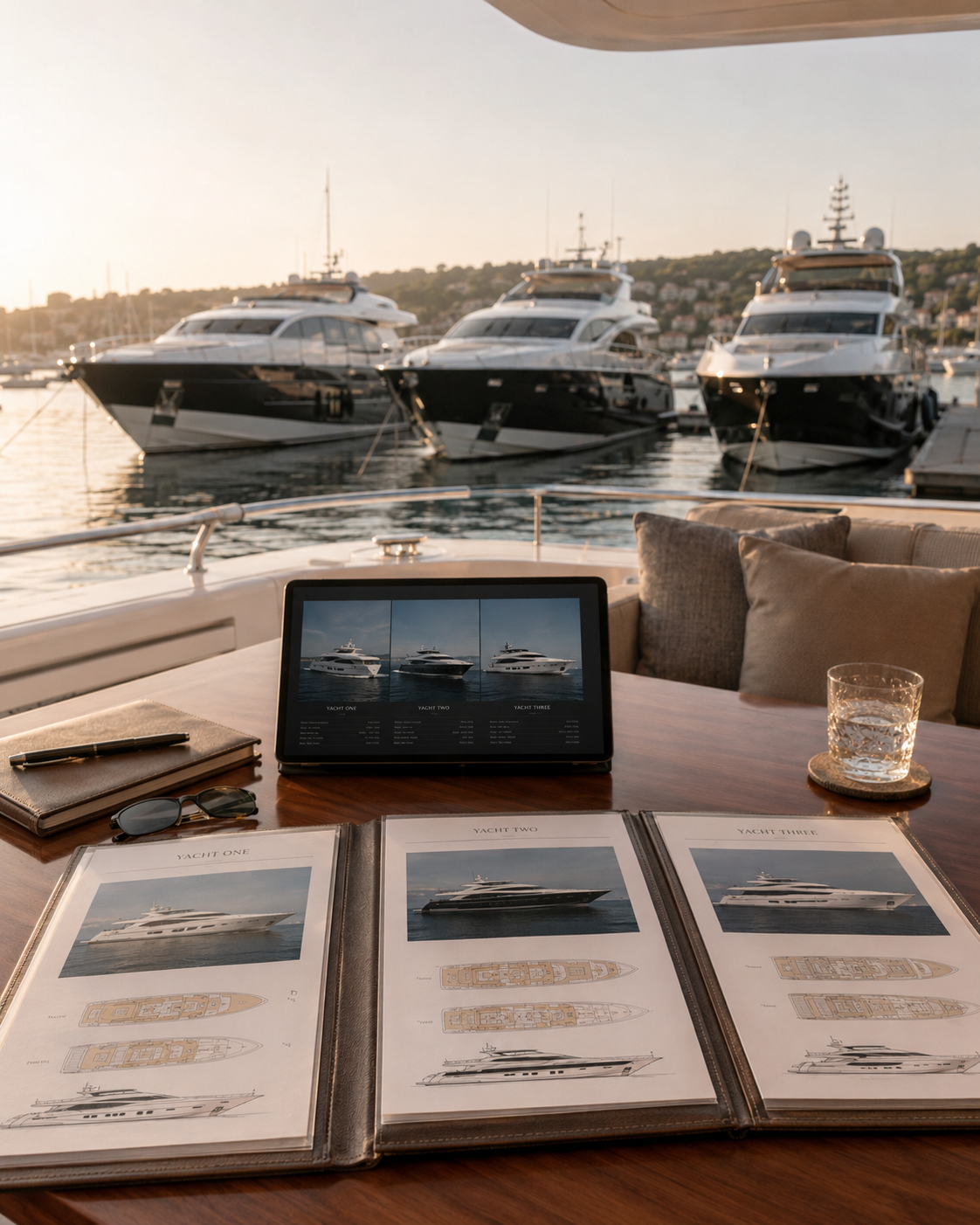 Photo taken from a yacht showing a table with yacht brochures, a tablet with yacht images, a notebook, sunglasses, a pen, and a glass of drink, with large yachts docked in the background during sunset.