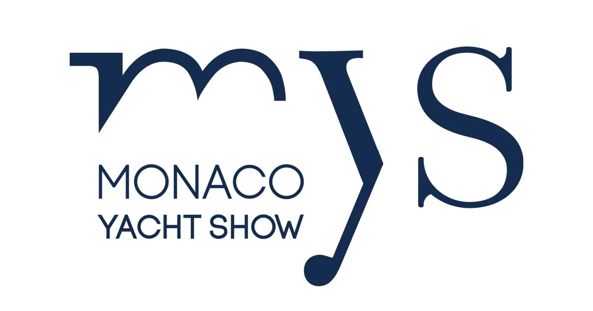 Monaco Yacht Show logo with navy text and a stylized music note incorporated into the design.