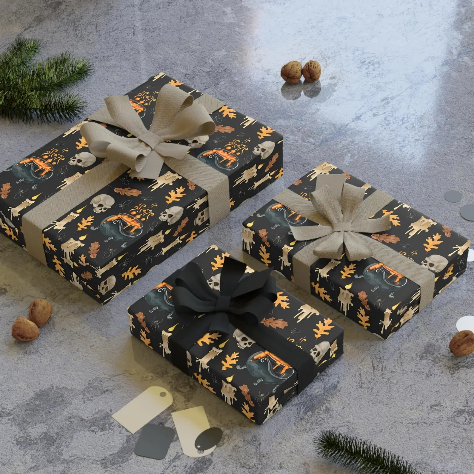 Spooky Candlelight Skull and Cauldron Rolled Gift Wrapping Paper