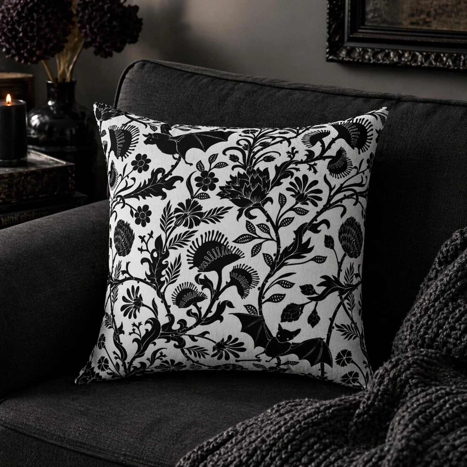 Floral Bat Venus Flytrap Gothic Spun Polyester Square Throw Pillow