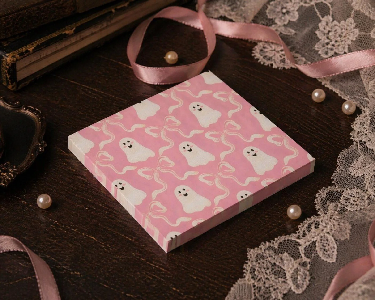 Light Pink Ghost & Bow Punk-Chic Post-it® Sticky Note Pads